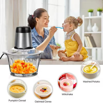 Bear 2L+1.8L 600W Electric Food Processors & Chopper with Glass Container and 304 Stainless Steel Container, 2 Speed Settings, 4 Stainless Steel Blades for Chopping Meat, Baby Food, Fruit, Vegetable